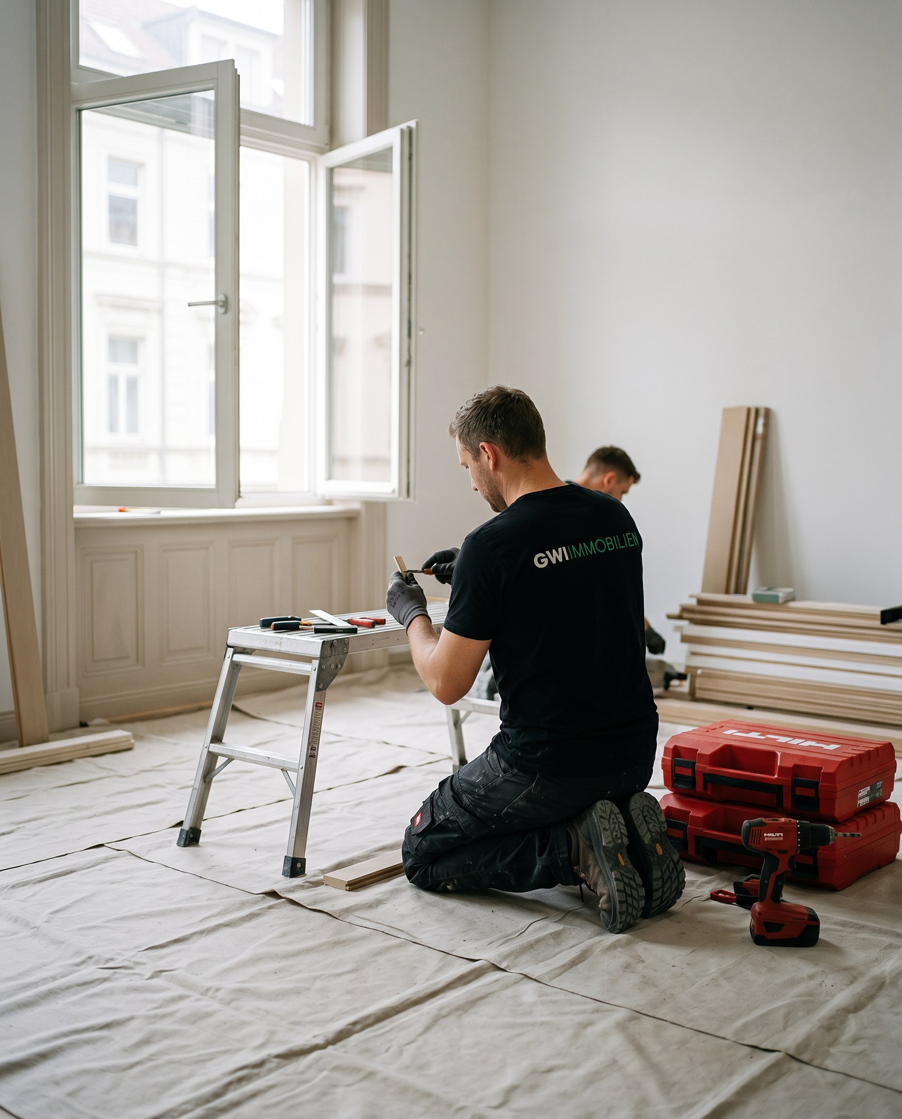 GWI-Team bei der Arbeit in einem Altbauzimmer